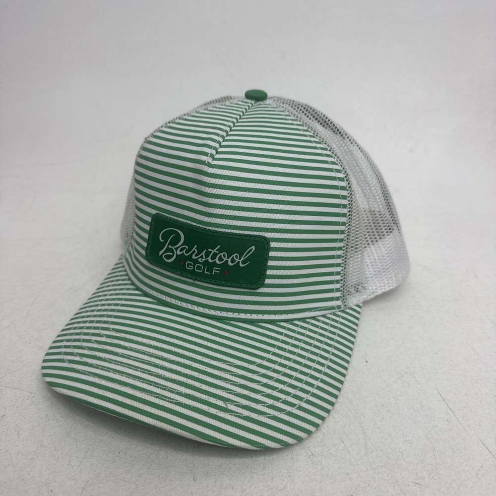 Barstool golf white mesh snapback green pinstripe hat